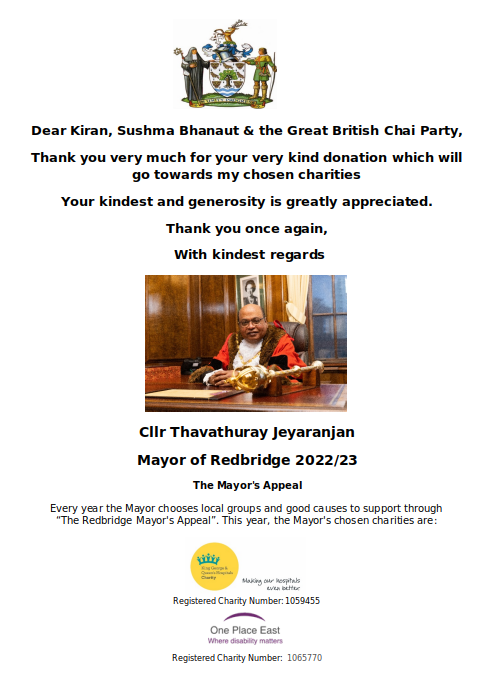 The Mayor of Redbridge Thank You note